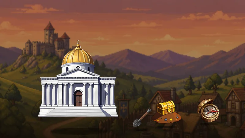 The Great Library with a treasure chest, a Shovel and a Compass
