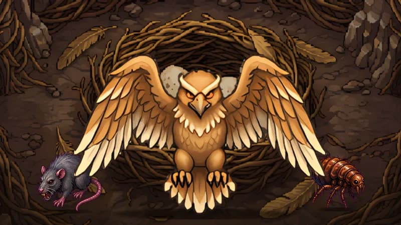 The Giant Roc in its nest with a Giant Mouse and a Giant Flea