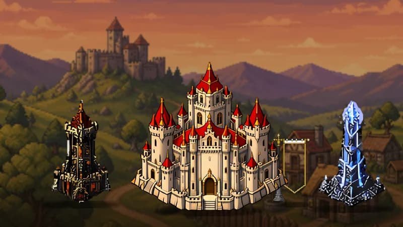 A Kingdom Castle between a Kingdom Tower and an Obelisk
