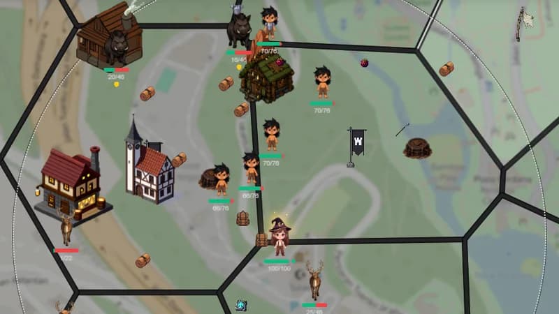 Players, monsters and buildings on territory cells over a real street map